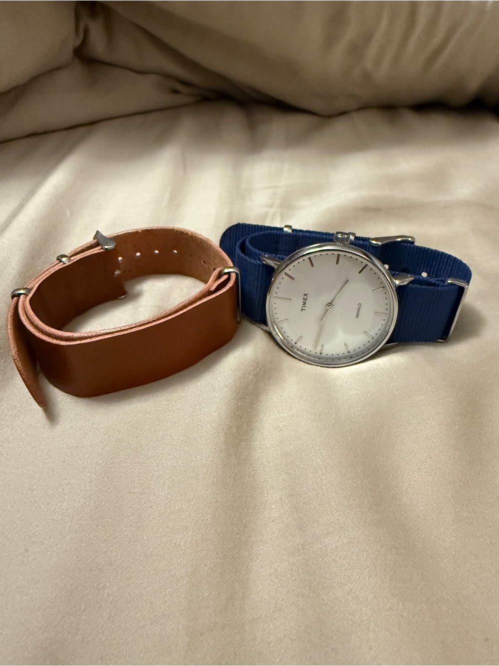Timex Silver Case Watch with Navy and Brown Straps